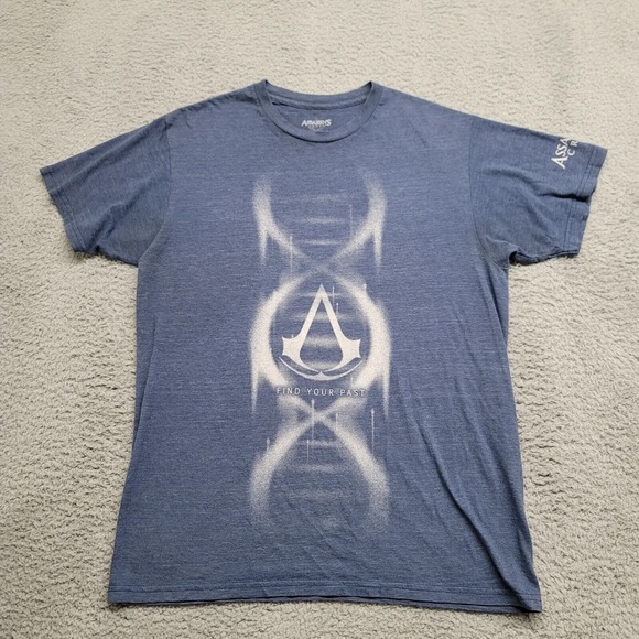 Assassins Creed‎ Shirt Mens Medium Blue Video Game Graphic Tee Casual Spell Out - Picture 1 of 13